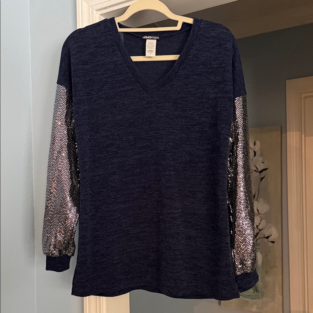 HEIMISH USA Dark Blue Top with Shimmering Silver Sleeves